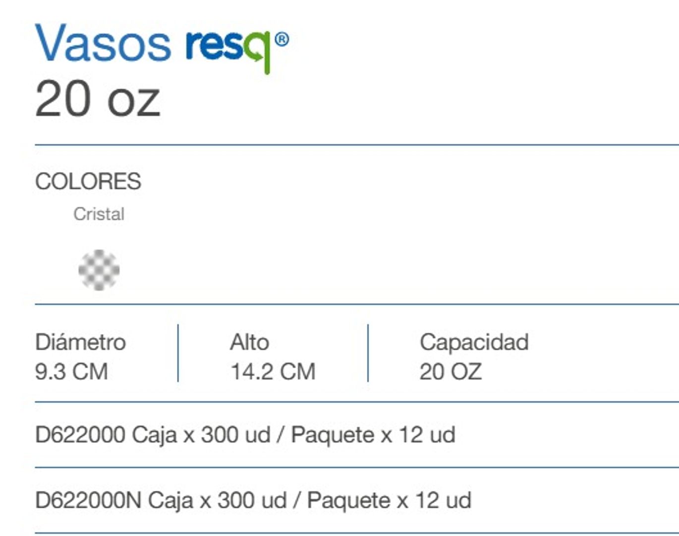       Z. VASO RESQ 20 OZ PAQUETE X 12 UNIDADES 