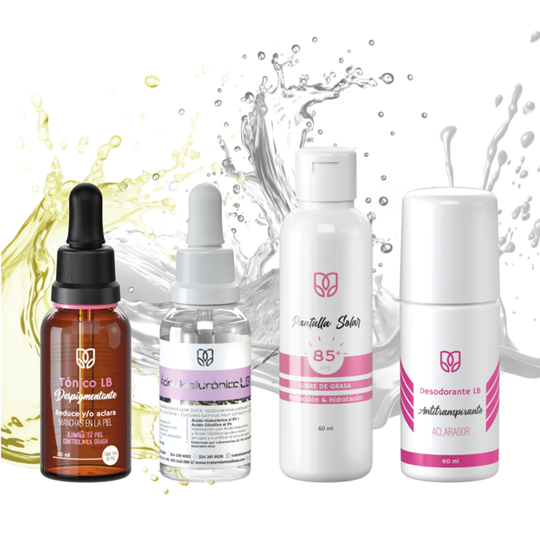 KIT: TÓNICO DESPIGMENTANTE + ÁCIDO HIALURÓNICO + PANTALLA SOLAR + DESODORANTE ANTITRANSPIRANTE