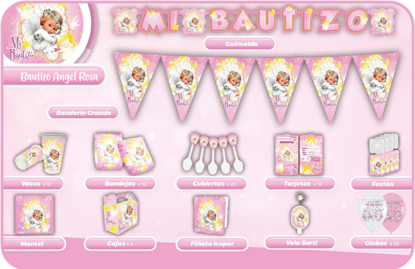 DECORACIÓN BAUTIZO ROSA ANGELITO BEBÉ 
