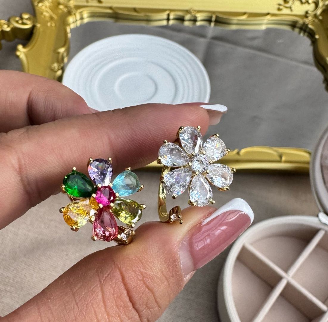 Anillo giratorio flor grande rodio 