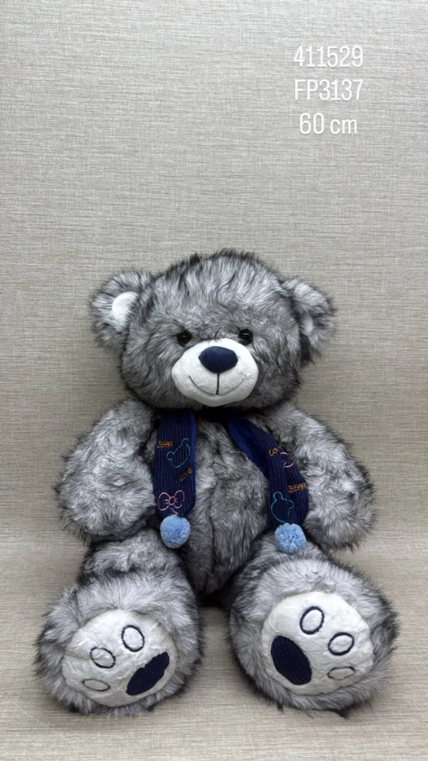 OSO PELUDITO GRIS CON BUFANDA AZUL 60 CM