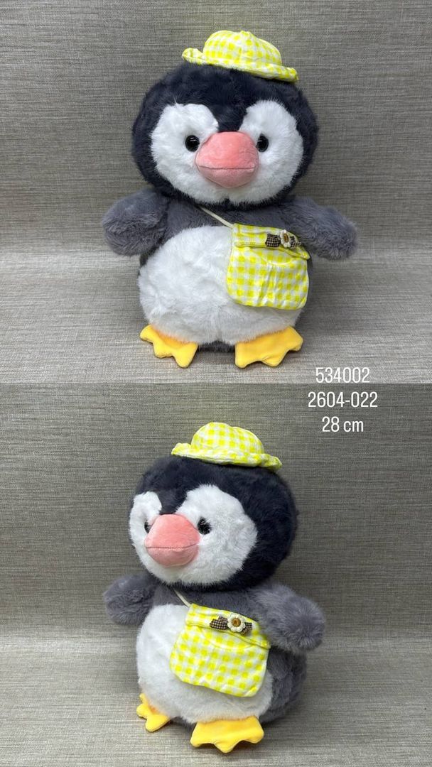PINGUINO CON SOMBRERO Y BOLSO AMARILLO DE 28 CM 