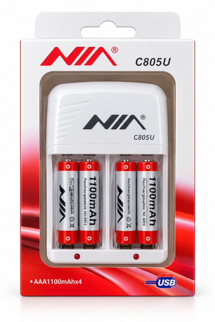 Cargador NIA C805U con 4 pilas recargables AAA de 1100 mAh