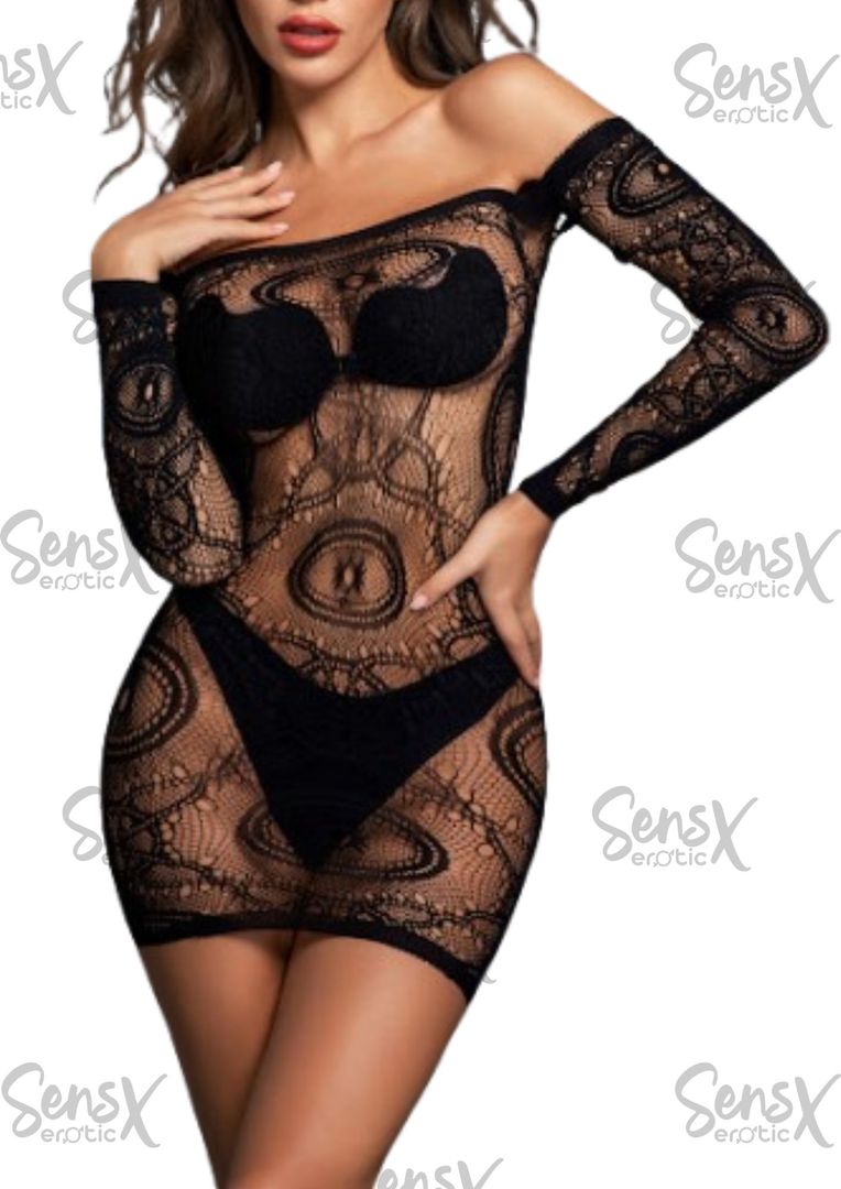 Vestido manga larga malla transparente 