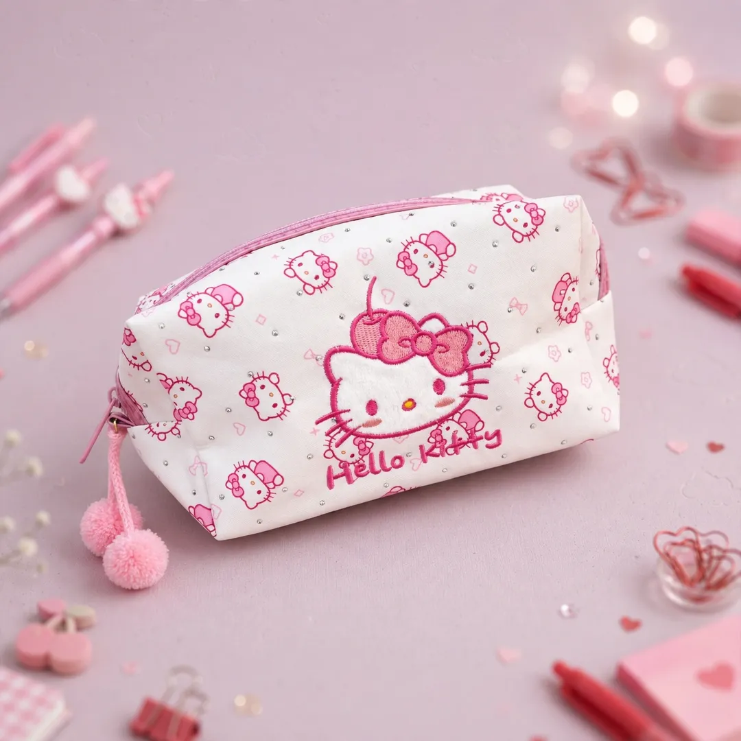 CARTUCHERA HELLO KITTY CON PIEDRITAS & POMPONES