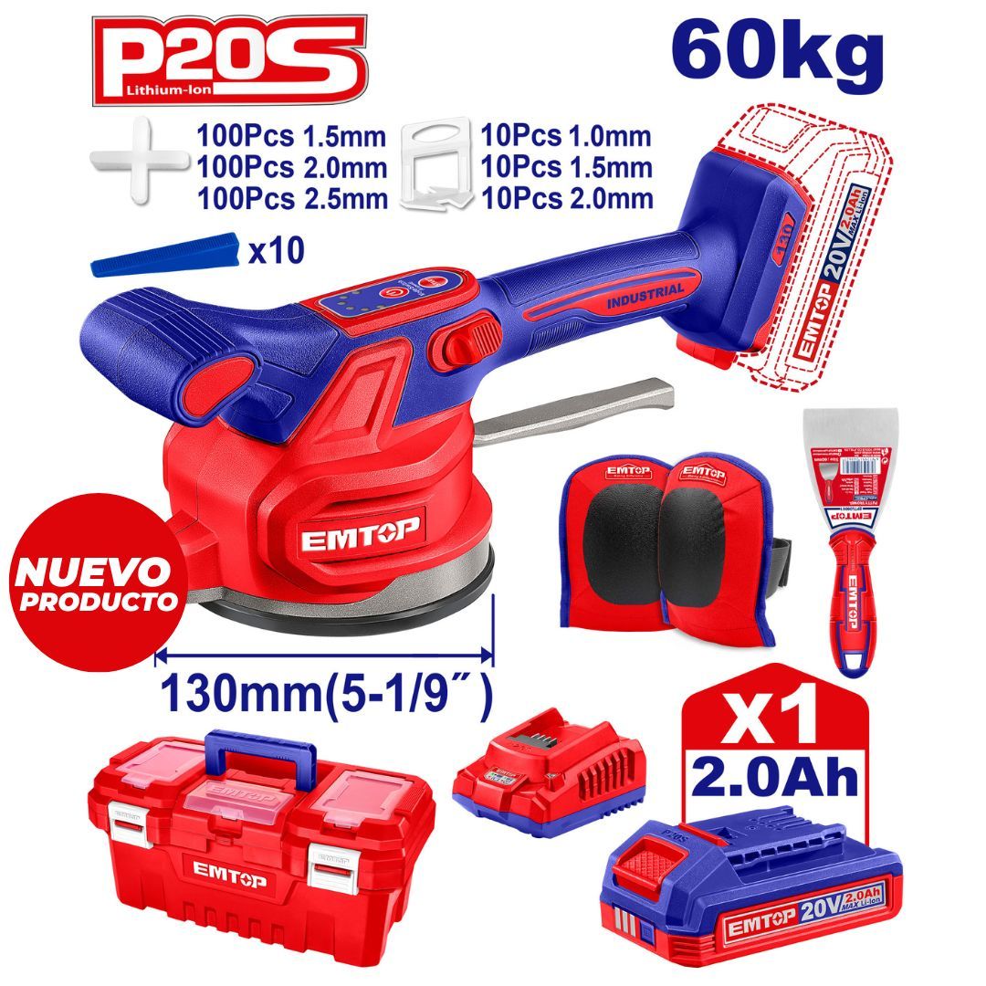 EMTOP VIBRADOR DE BALDOSA INALAMBRICA 20V CON VENTOSA CAP 60KG INCLUYE 1 PAR DE RODILLERAS, ESPATULA, SEPARADORES DE BALDOSA (1.5- 2.0-2.5), 1 BATERIA 2.0AH , CARGADOR Y CAJA HERRAMIENTA INDUSTRIAL