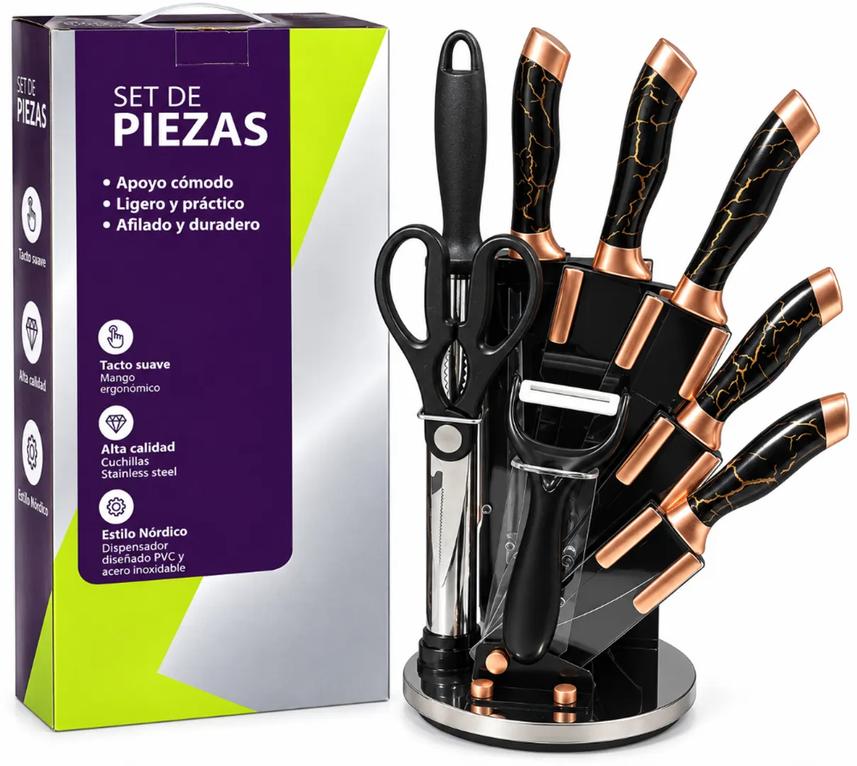 SET DE CUCHILLOS DE COCINA GIRATORIO 9 PCS