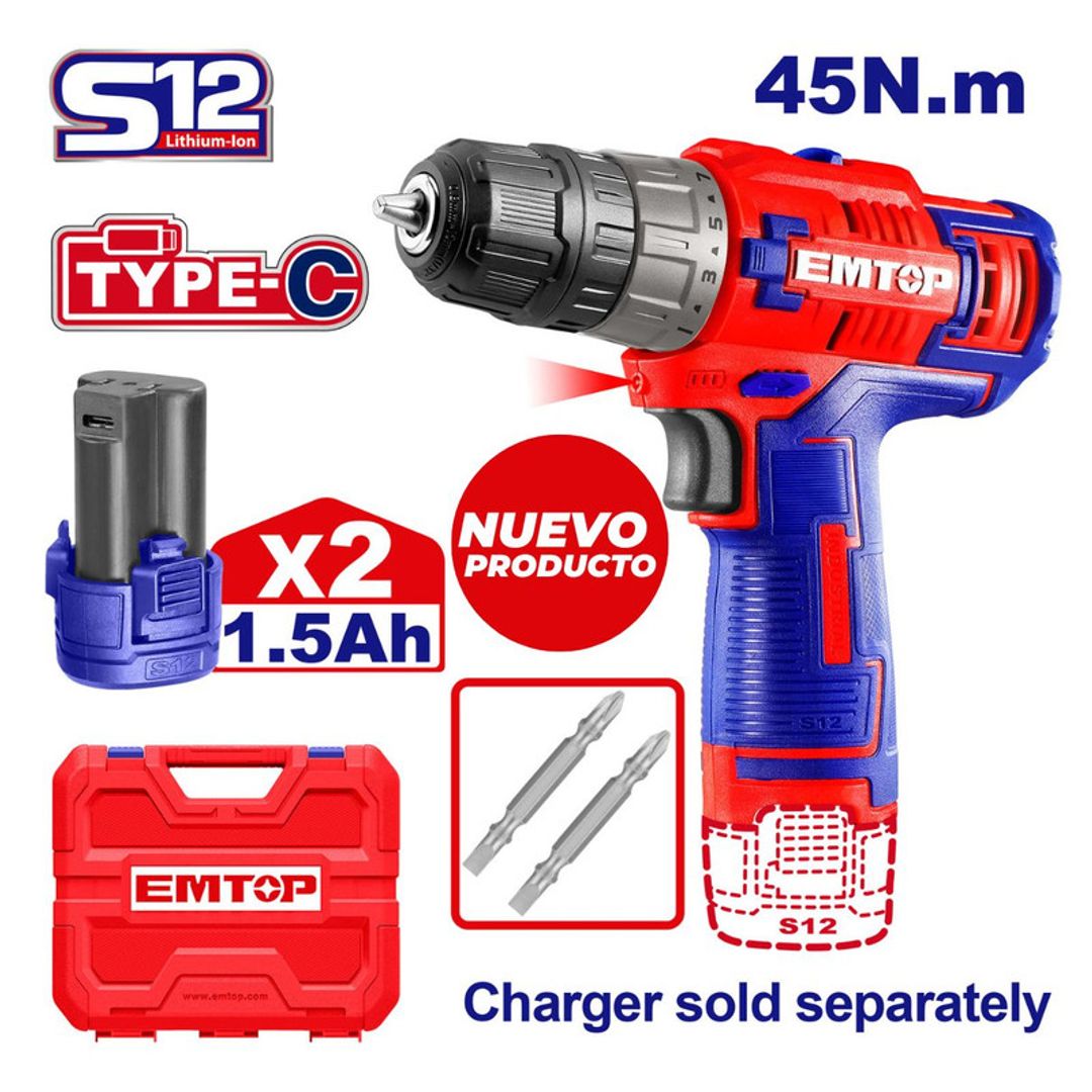 EMTOP TALADRO 3/8 INALAM 45N.m 12V + 2 BATERIA 1.5Ah CARGA TIPO C SUPER EMTOP