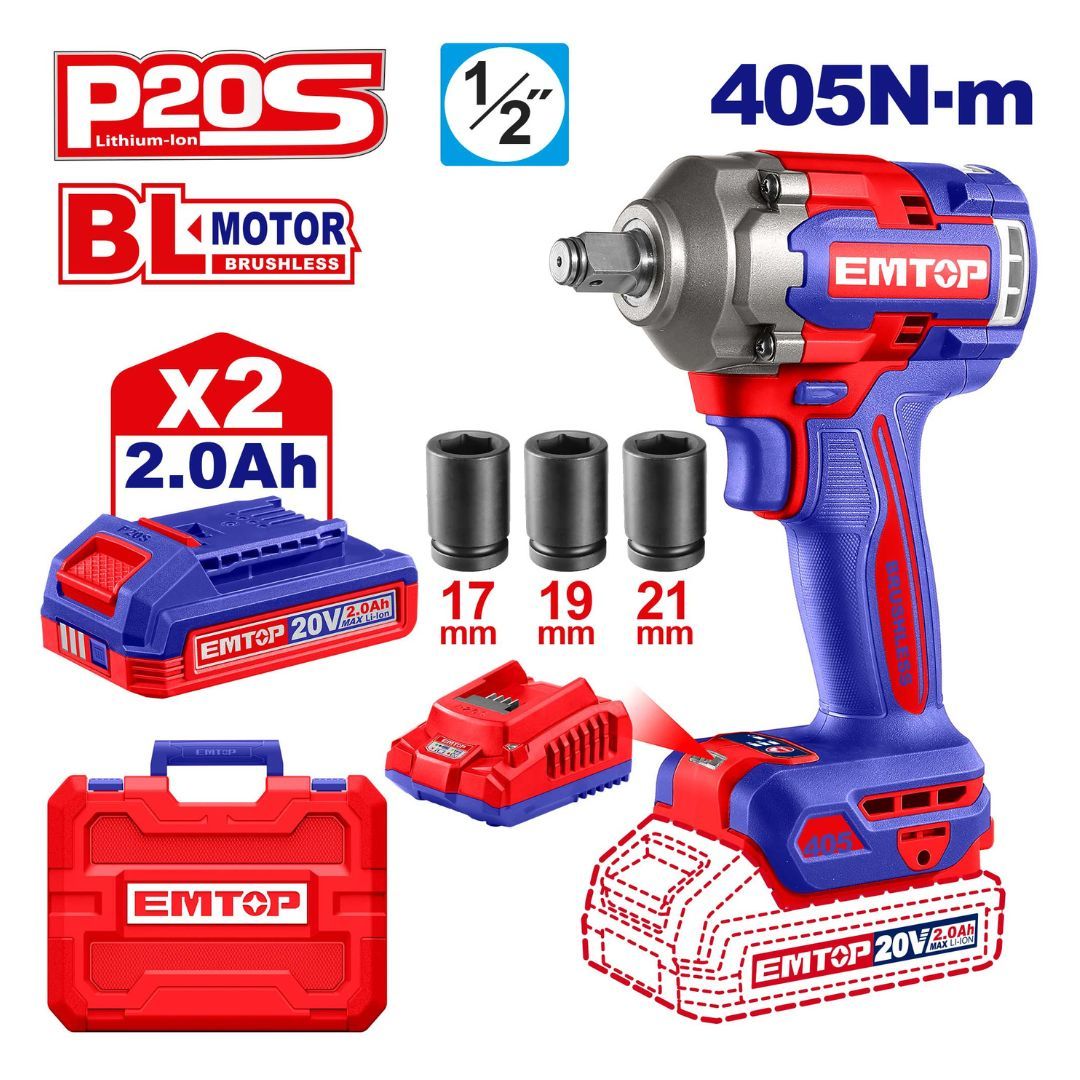 EMTOP LLAVE DE IMPACTO 405Nm 1/2 BL INALAM 20V + 2BAT 2.0Ah+CARGADOR+3 COPAS