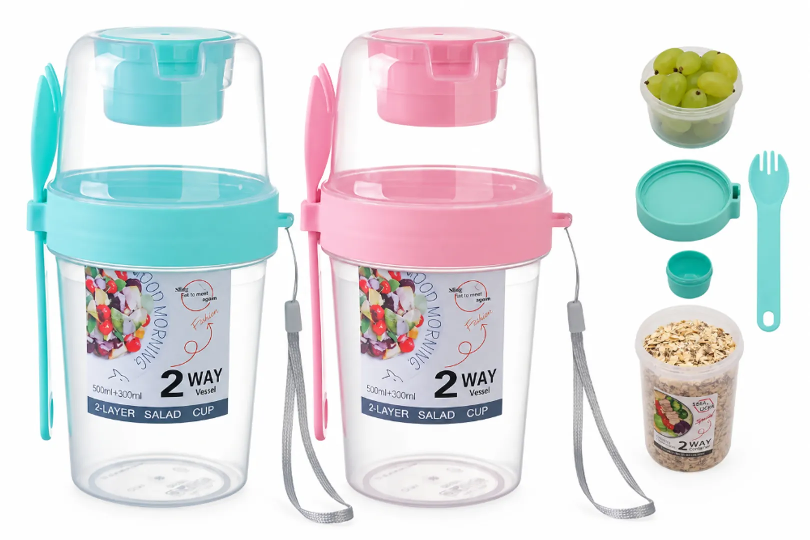 VASO DE CEREAL RECIPIENTE DOBLE TAPA CON CUCHARA
