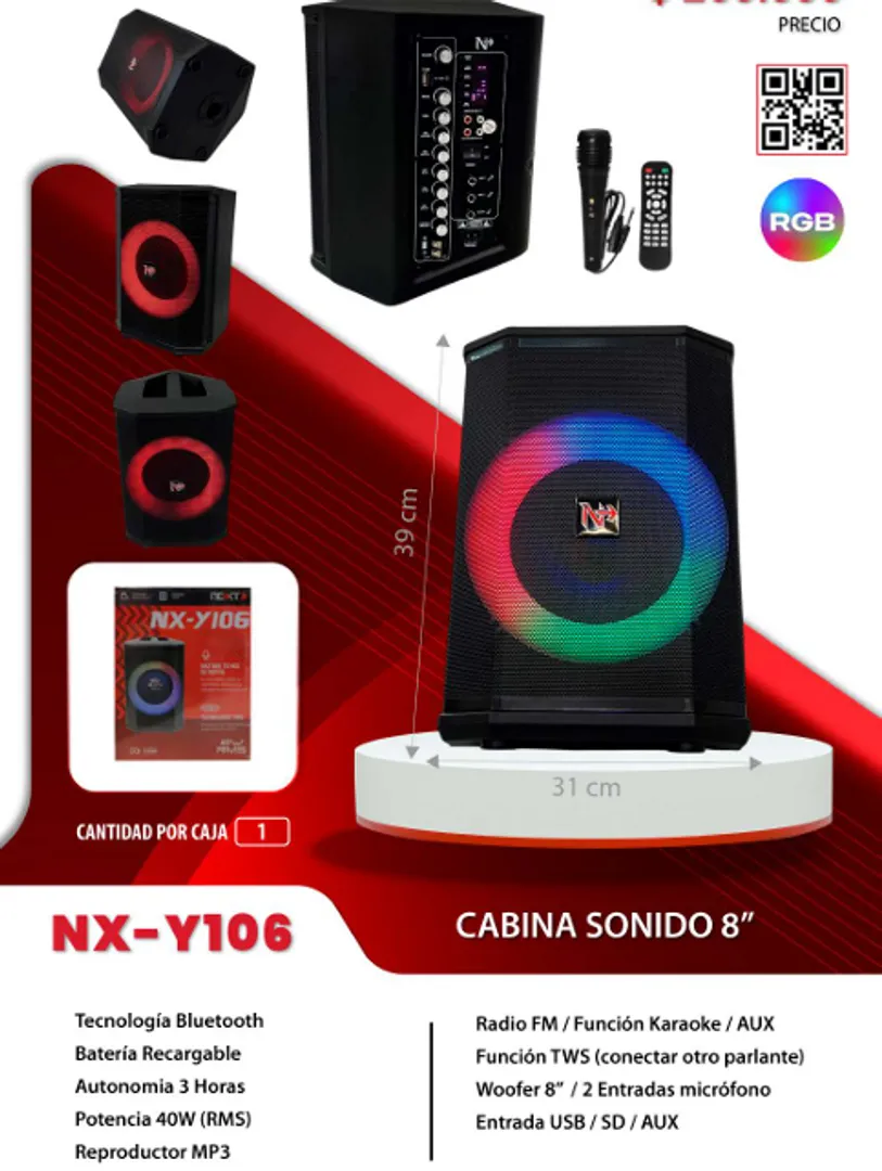 CABINA PARLANTE DE 8 PULGADAS LUCES LED NX-Y106