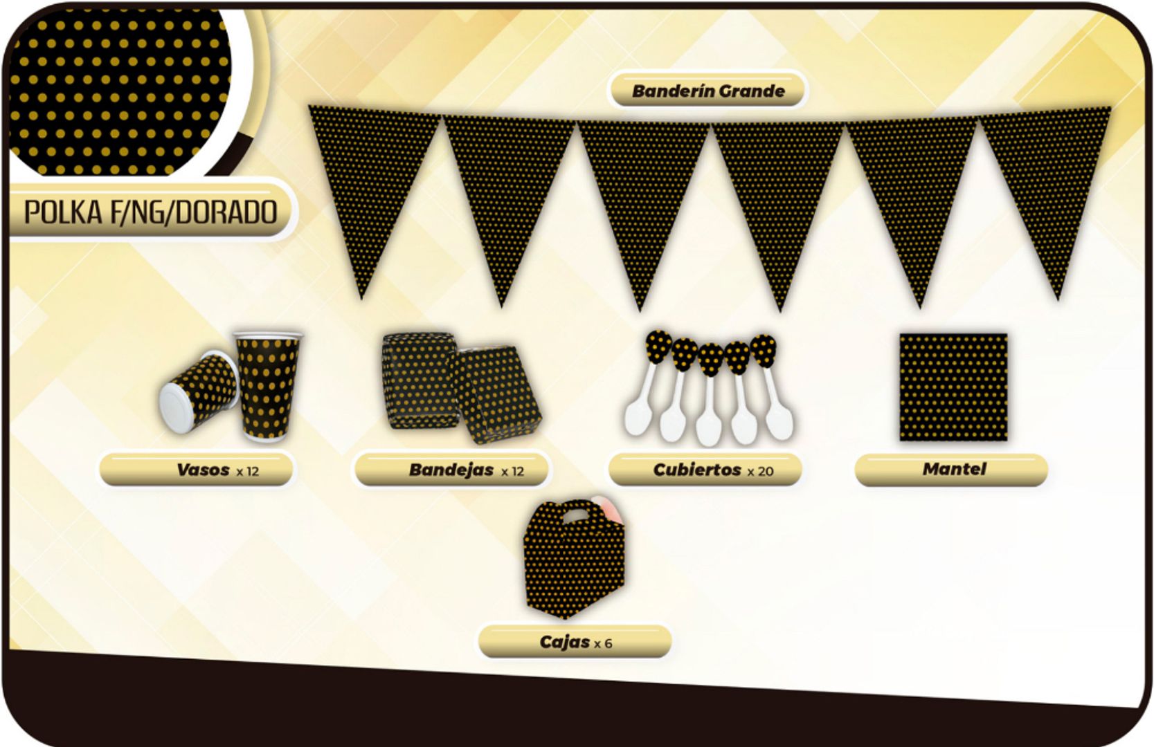 DECORACIÓN POLKA FONDO NEGRO DORADO