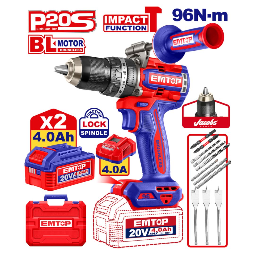 EMTOP TALADRO 1/2 BL PERCUTOR 96N-m INALAM 20V + 2BAT 4.0Ah+CARGADOR+ KIT ACCESO
