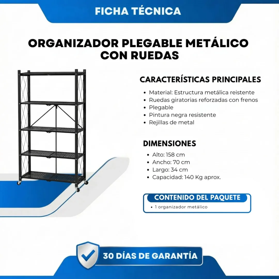 ORGANIZADOR ESTANTERIA METALICO 5 NIVELES PLEGABLE CON RUEDAS 158x70x34CM