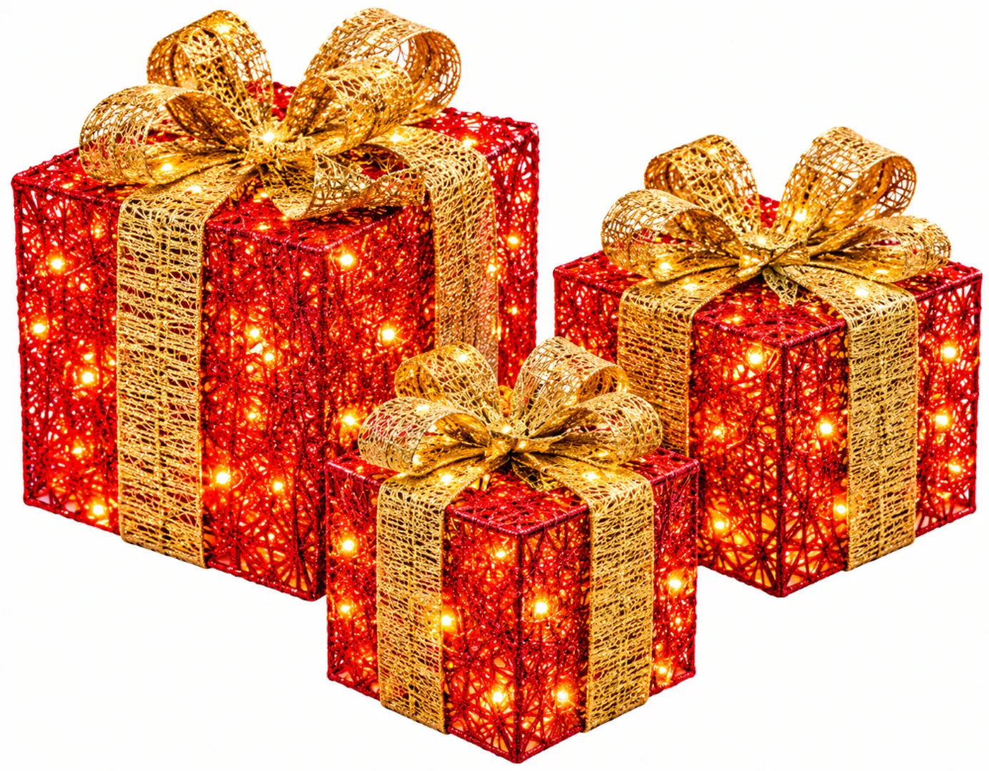 REGALOS X 3 ROJO CON DORADO CON LUZ CALIDA