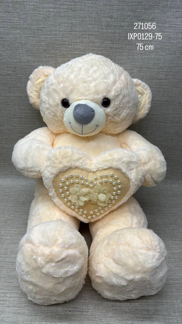 OSO CREMA PATAS LARGAS CON CORAZON DE PERLAS  75 CM