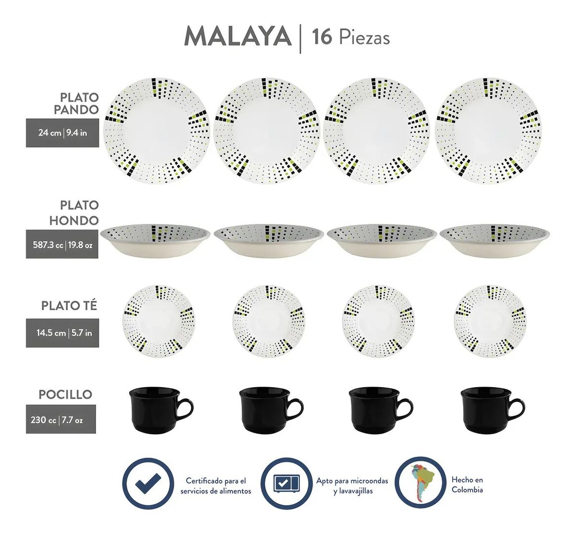 VAJILLA CORONA MALAYA 4 PUESTOS 16 PIEZAS