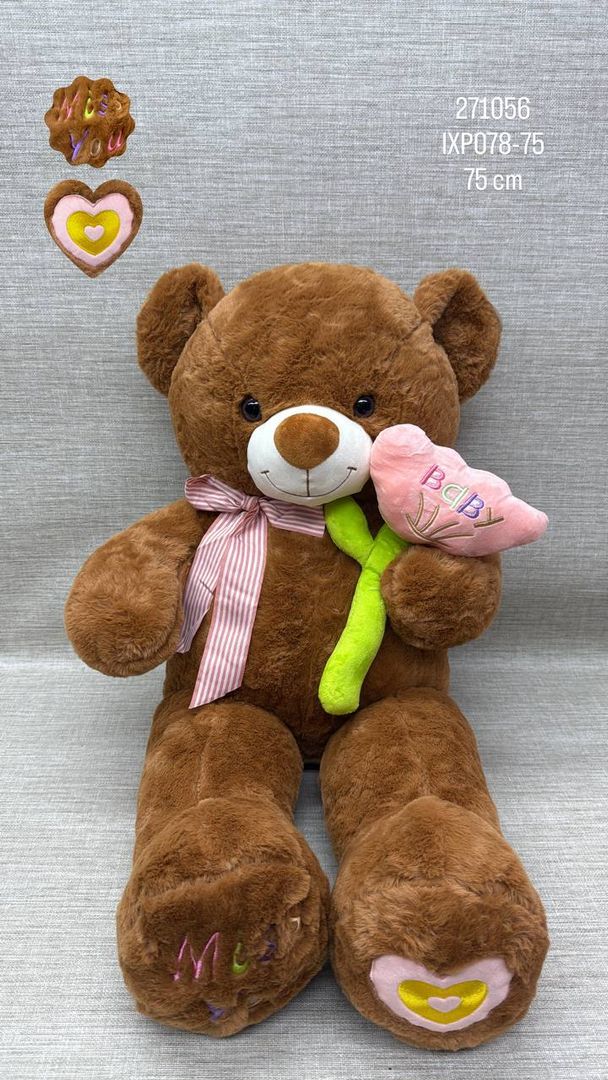 OSO CHCOLATE CON FLOR BORDADA BABY DE 75 CM 