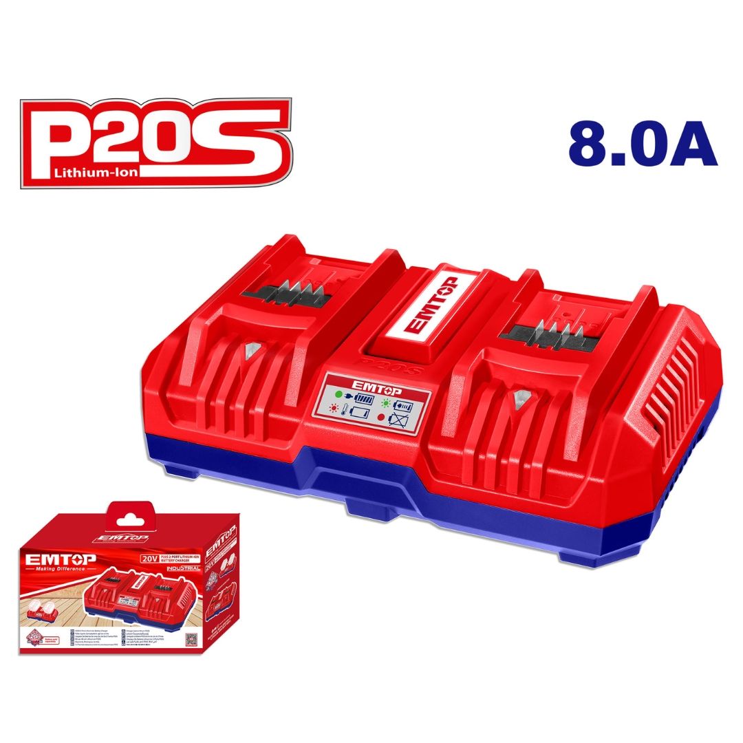 EMTOP CARGADOR DOBLE BATERIA 20V/4.0Ah ION DE LITIO