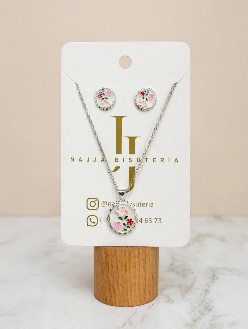Set Plateado Flores 