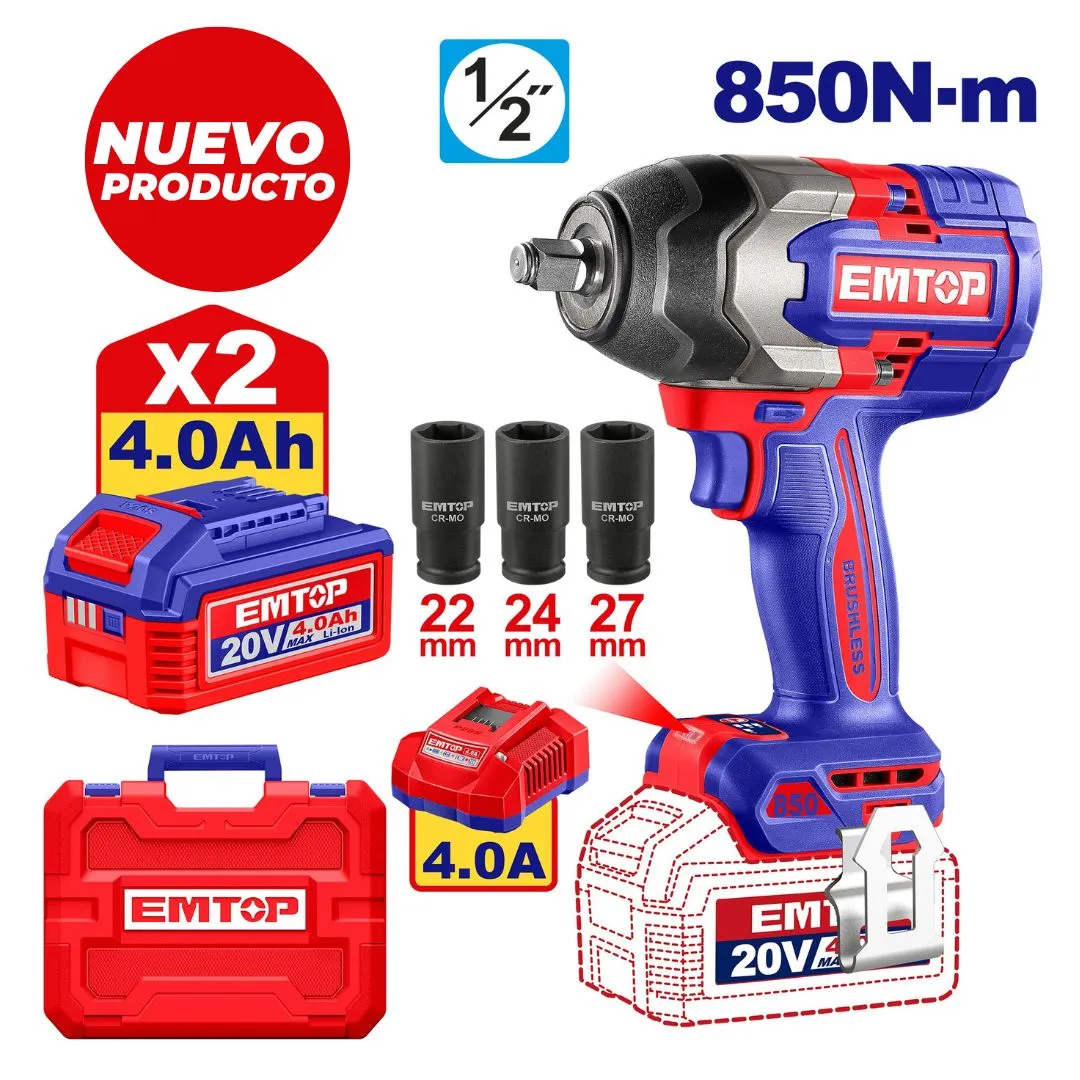 EMTOP LLAVE DE IMPACTO 850Nm 1/2 BL INALAM 20V + 2BAT 2.0Ah+CARGADOR+3 COPAS