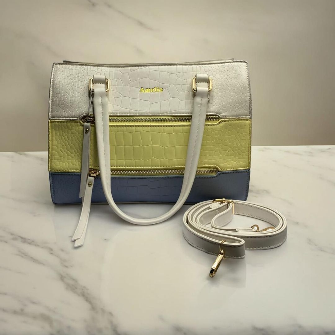 Bolso beige con amarillo y azul 