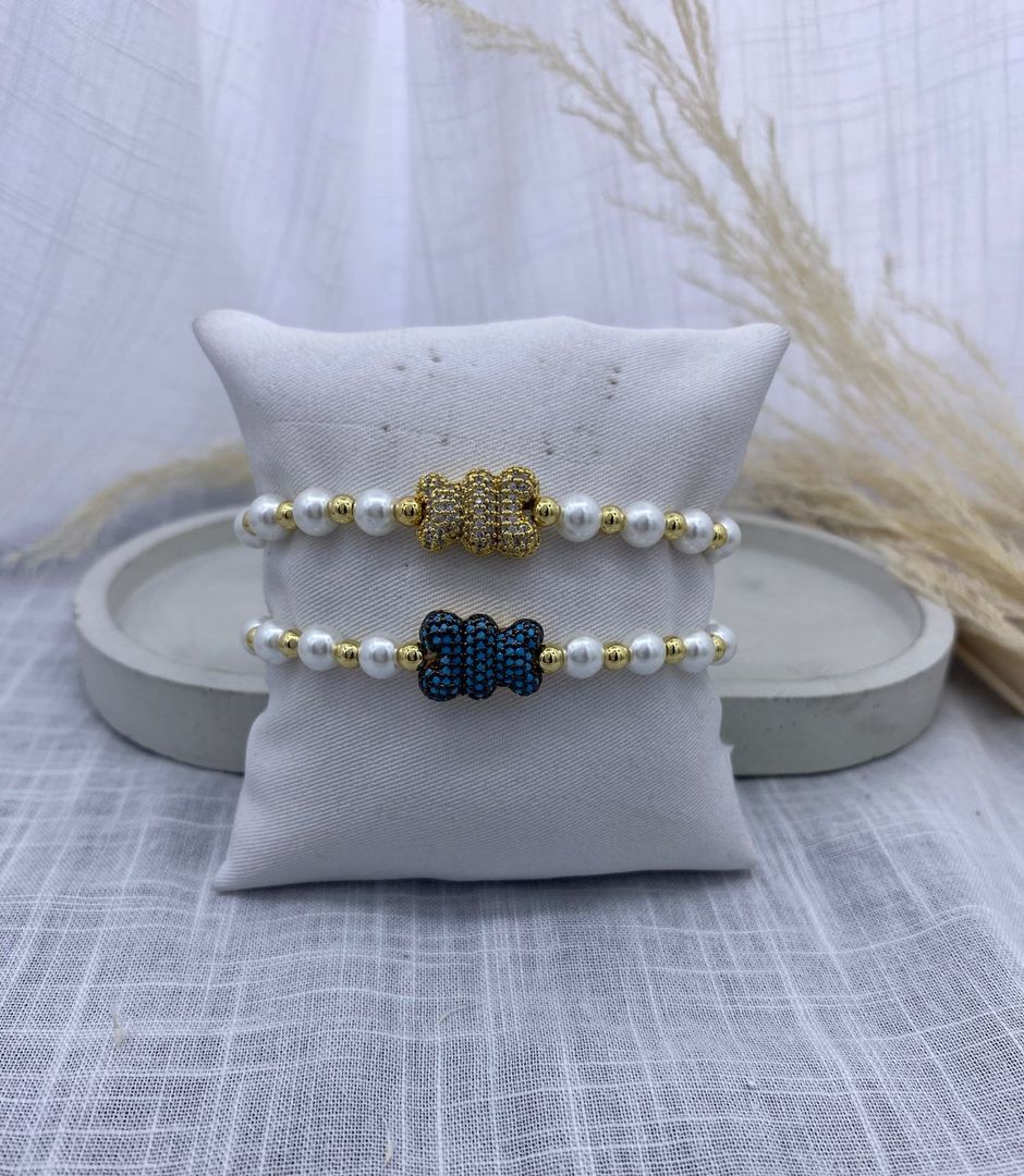 Pulsera, perla blanca, osito, dorado, covergold 