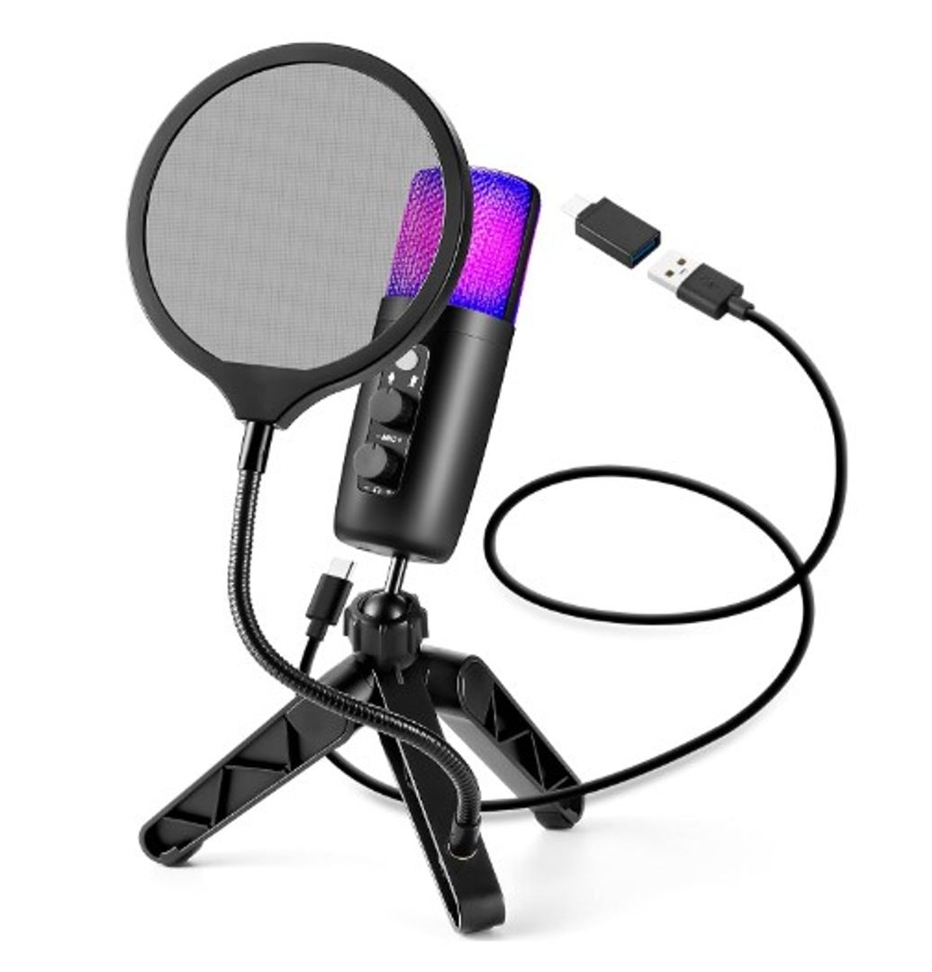  Micrófono Condensador USB+Tipo C, Micrófono de Computadora RGB con Filtro Pop y Trípode Adecuado para Windows, Mac OS, Linux, PC, Micrófono Multifuncional...