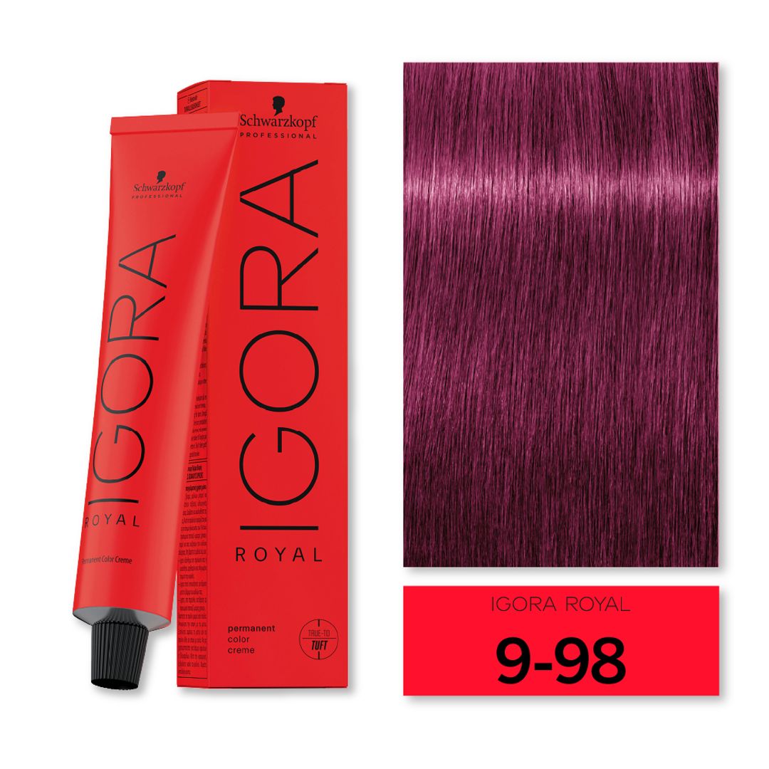 TINTE IGORA ROYAL RUBIO MUY CLARO VIOLETA ROJO 9-98