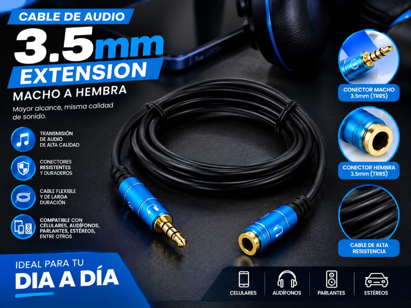 Cable Divisor de Audio 3.5 mm Macho a 2 Hembras – Audífonos y Micrófono