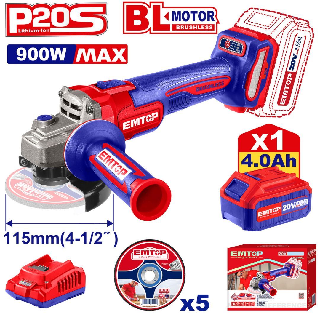 EMTOP PULIDORA 4-1/2 BL 900W INALAM 20V+1BAT 4.0Ah+CARGADOR+5 DISCO 4-1/2"CARTON