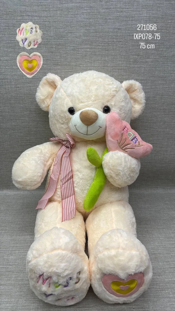 OSO CREMA CON FLOR BORDADA  BABY DE 75 CM 