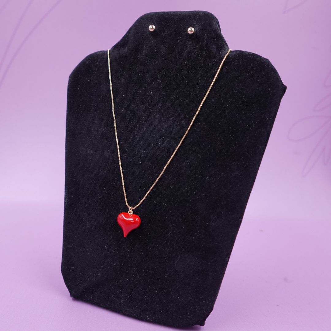 CADENA + ARETAS CORAZON ROJO 
