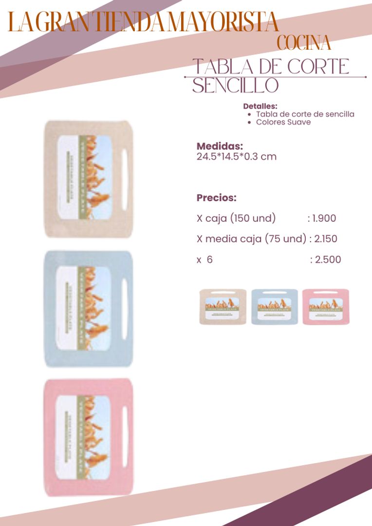 Tabla de corte sencillos  x 75 und 