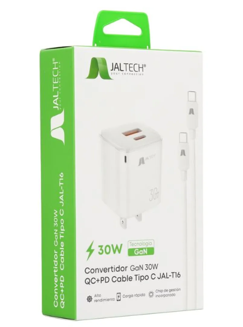 Cargador Jaltech 30W GaN 1 Tipo C y 1 USB