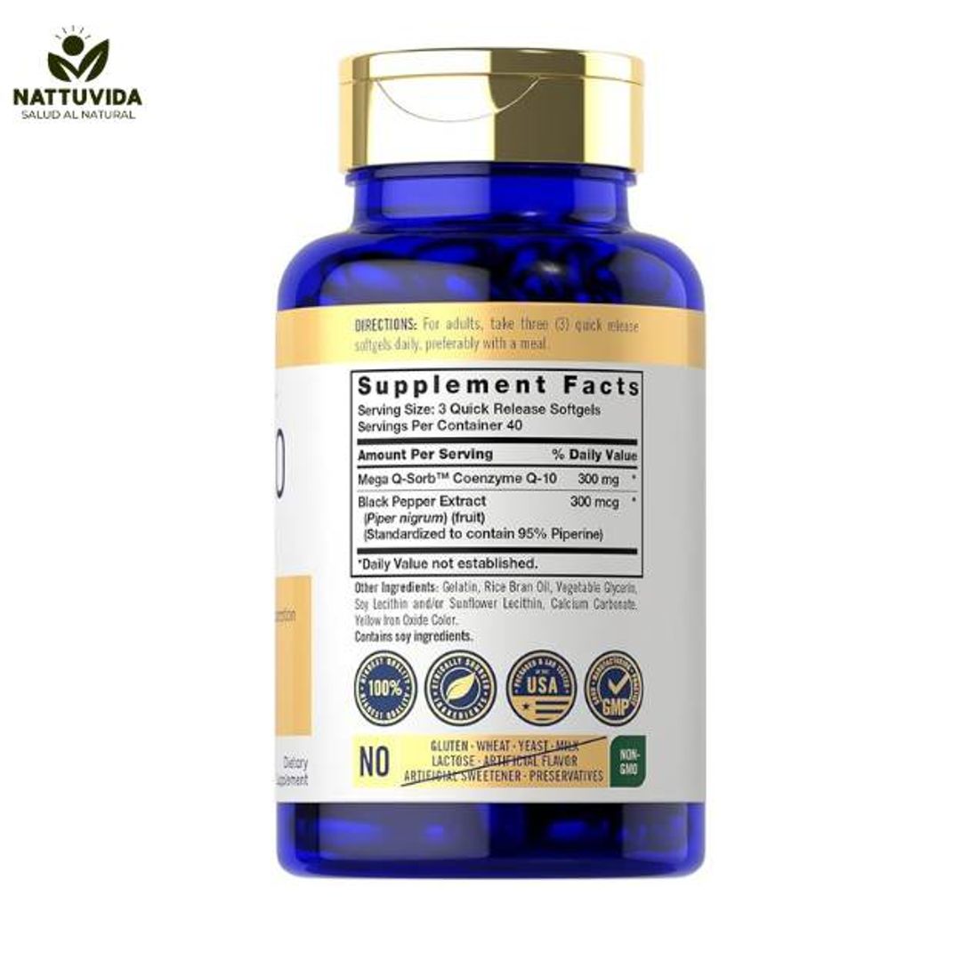 CoQ10 300mg 120 cápsulas blandas Mega Q-Sorb Coenzyme Q10 con extracto de pimienta negra CARLYLE