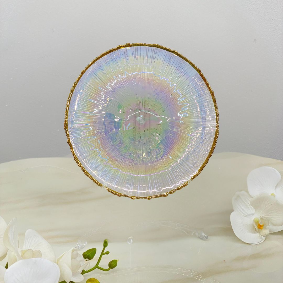 Plato Trinche Cristal Tornasol borde Dorado