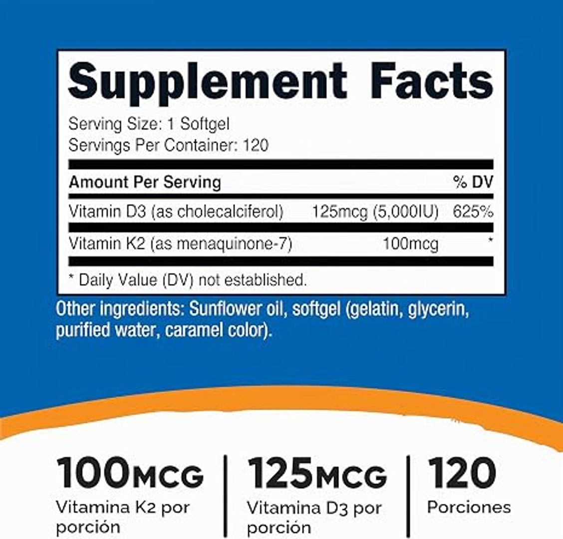 Vitamina K2 MK7 100mcg + Vitamina D3 5,000 UI 120 Cao NOW