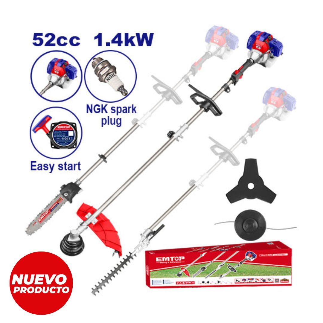 EMTOP GUADAÑADORA 2HP A GASOLINA 4en1 52CC+SIERRA+YOYO+SETOS SUPER EMTOP