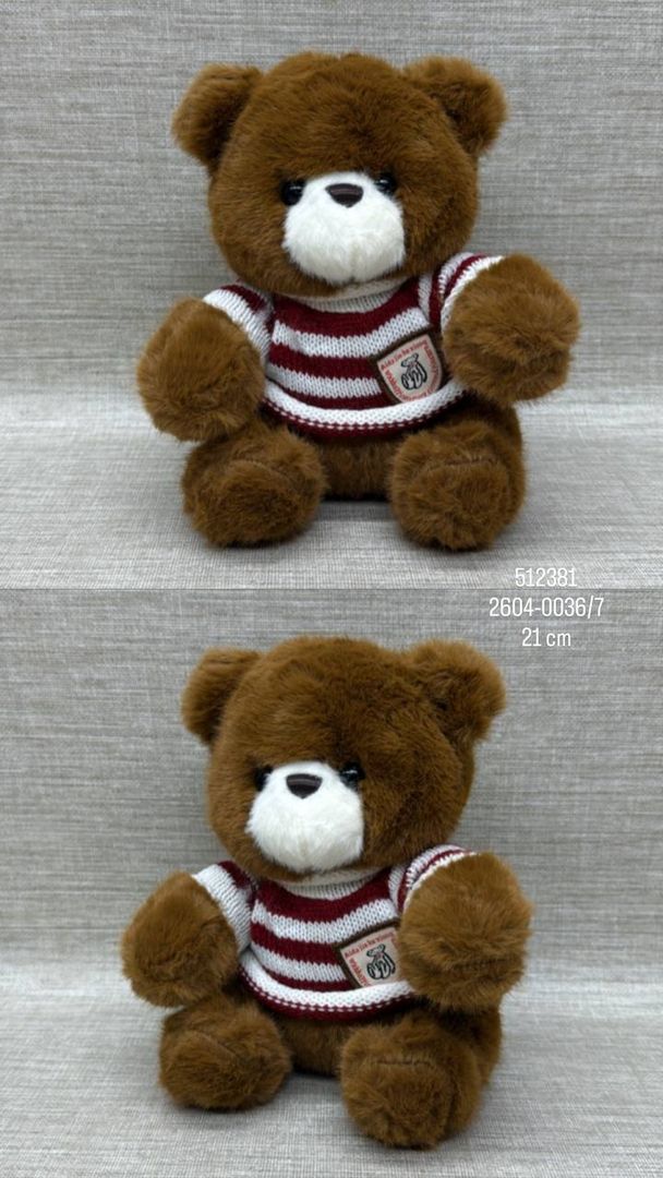 OSO FINO COLOR CAFE CON CAMISA DE RAYAS ROJAS  21 CM 
