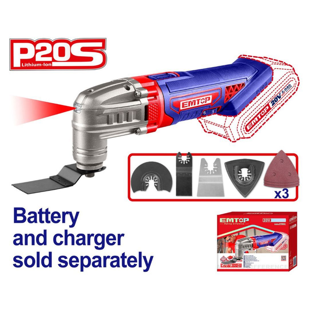 EMTOP MULTIHERRAMIENTA INALAM 20V OSCILANTE  6 VELOCIDADES AJUSTABLES + 8 ACCESORIO NO INCLUYE BATERIA NI CARGADOR SUPER EMTOP