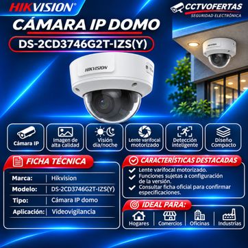 Imagen del producto Cámara IP Domo Hikvision DS-2CD3746G2T-IZS(Y) | Videovigilancia Profesional