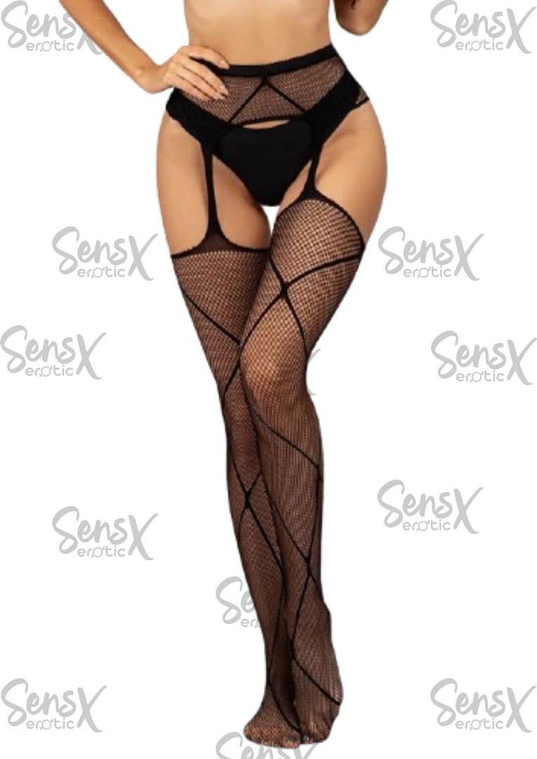 Medias negras con cinturón para mujer, medias de rejilla altas, lencería erótica, pantimedias largas, encaje de malla Jacquard, roseta