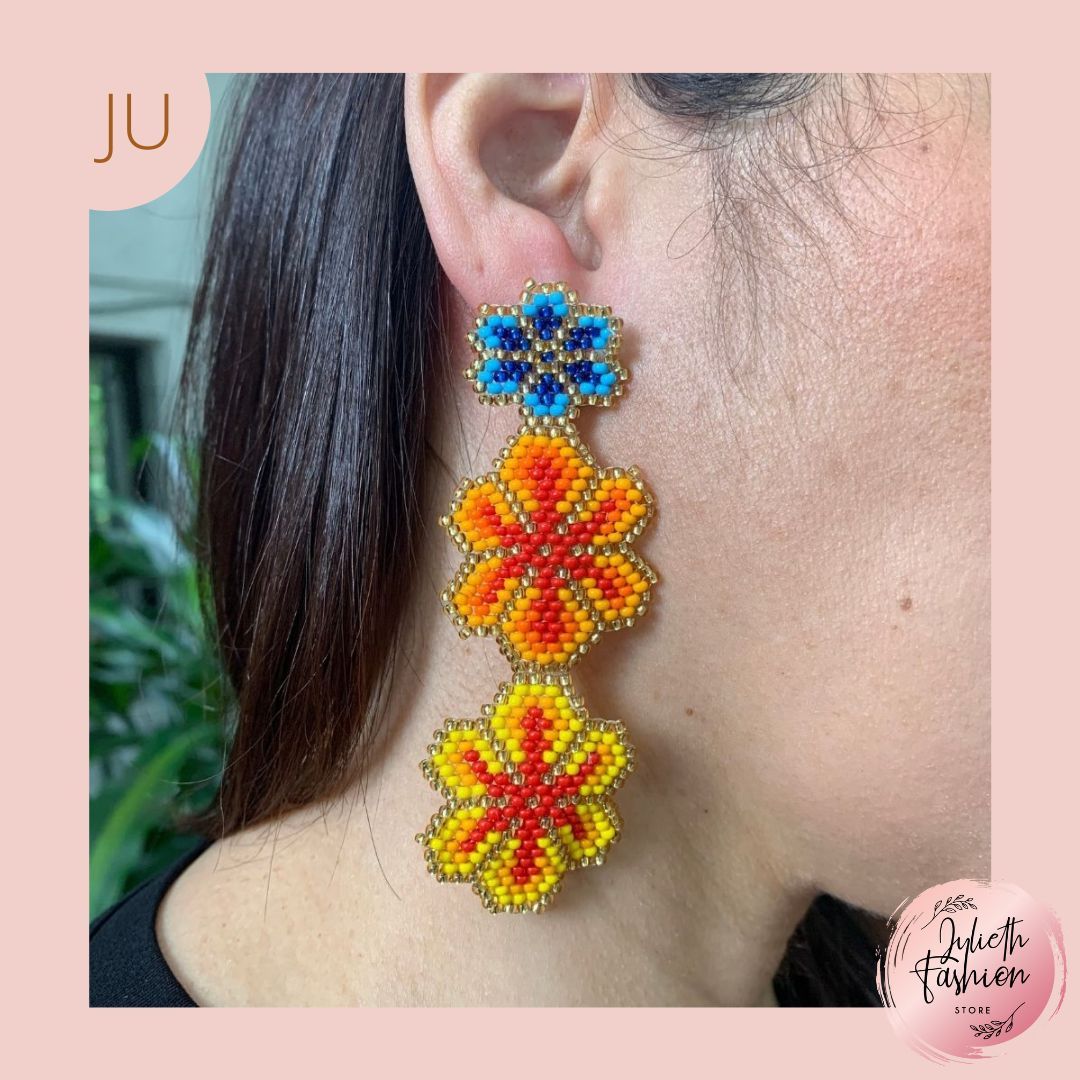 Aretes Largos Tejidos a mano Flores 