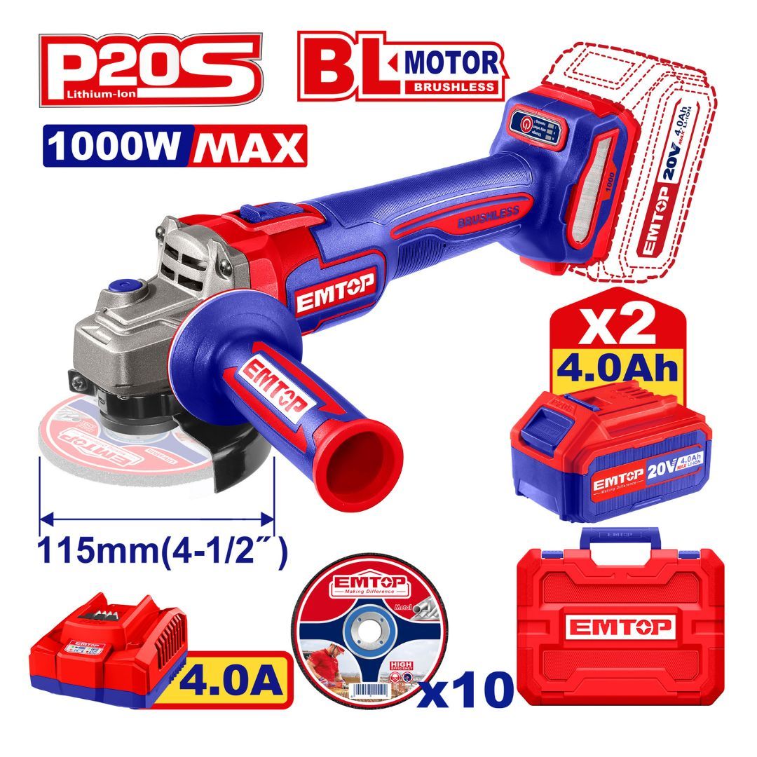 EMTOP PULIDORA 4-1/2 BRUSHLESS 1000W INALAM 20V+2BAT 4.0Ah+CARGADOR+10 DISCO 4- 1/2