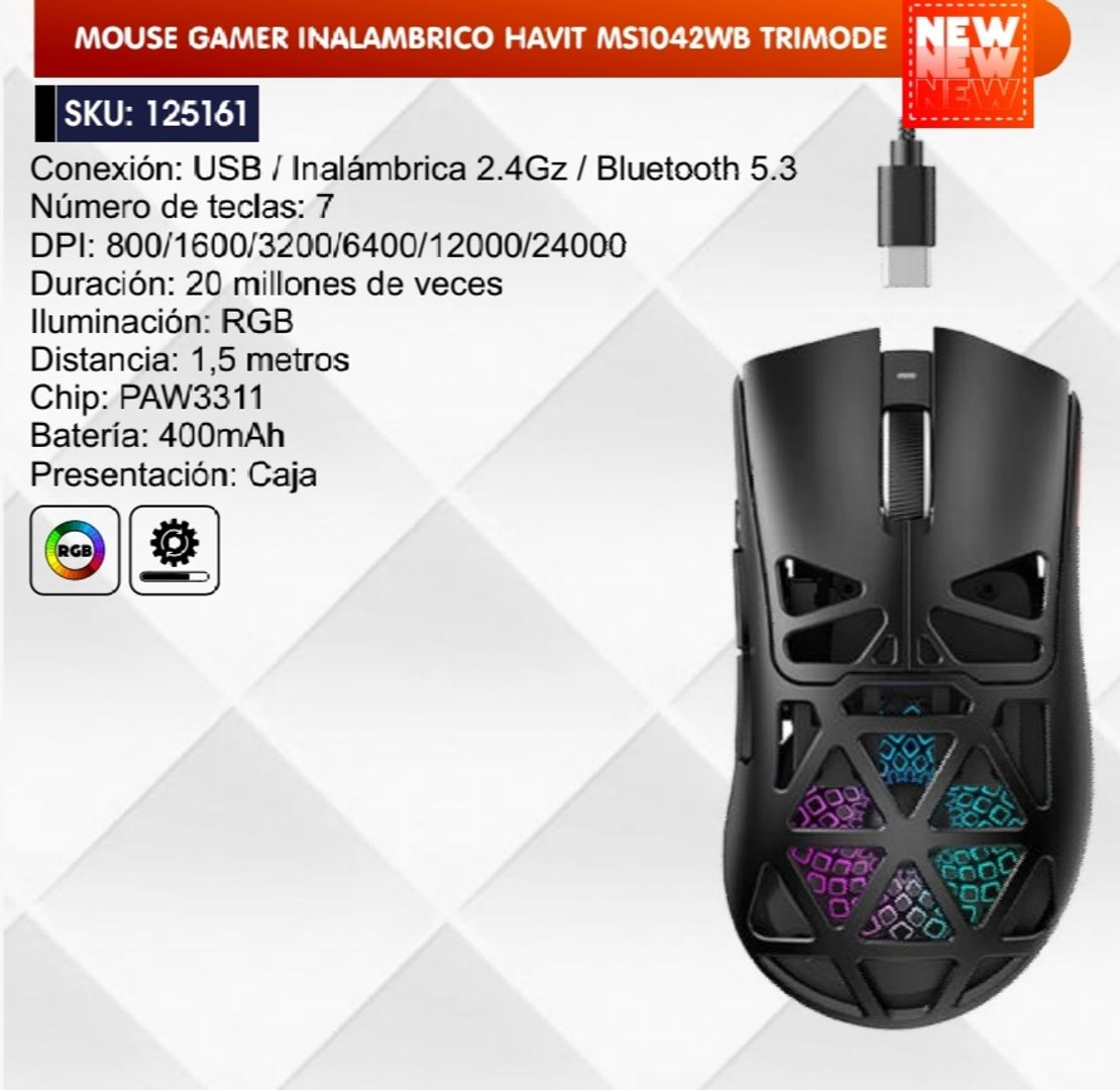 MOUSE GAMER INALÁMBRICO HAVIT TRIMODE