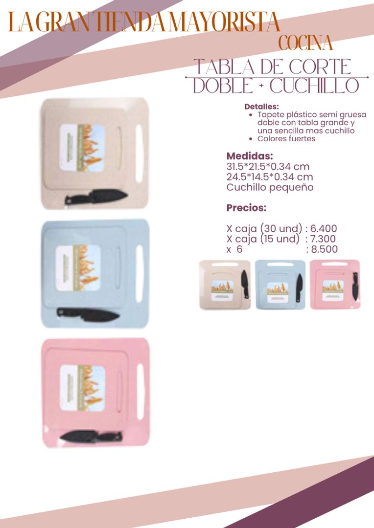 Tabla de corte Doble + cuchillo  x6 und 
