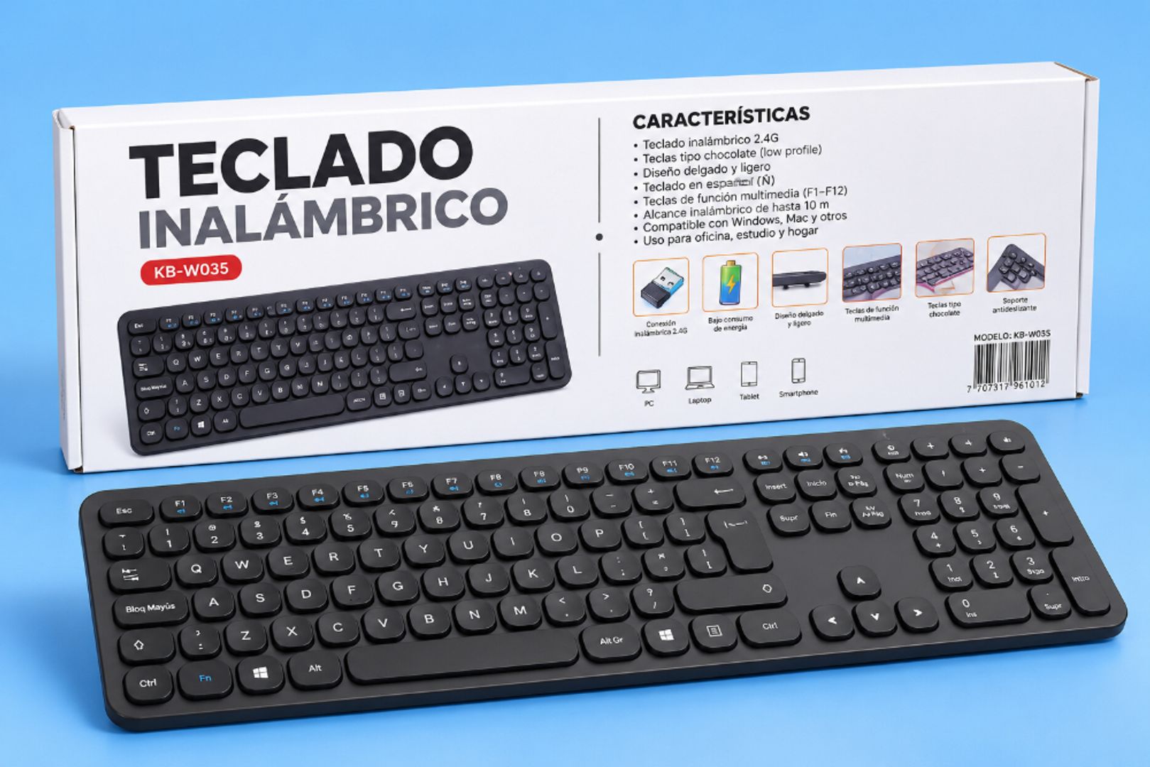 Teclado Inalámbrico KB-W035 – Diseño Delgado y Teclas Tipo Chocolate