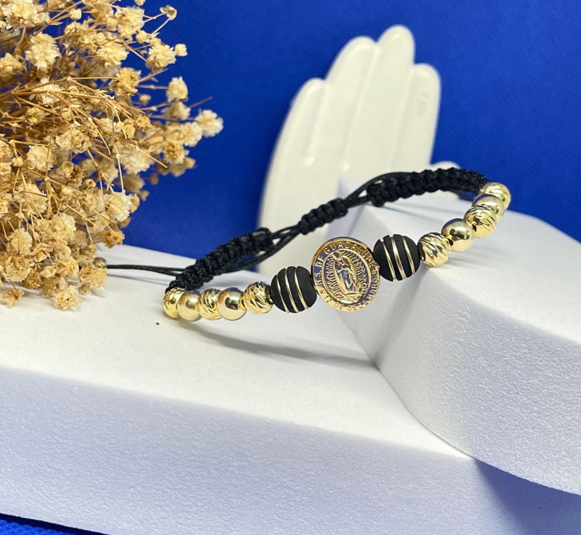 Pulsera virgen guadalupe tallada balin 6mm liso e italy