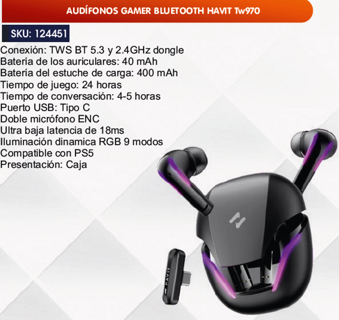 AUDÍFONOS GAMER BLUETOOTH HAVIT Tw970